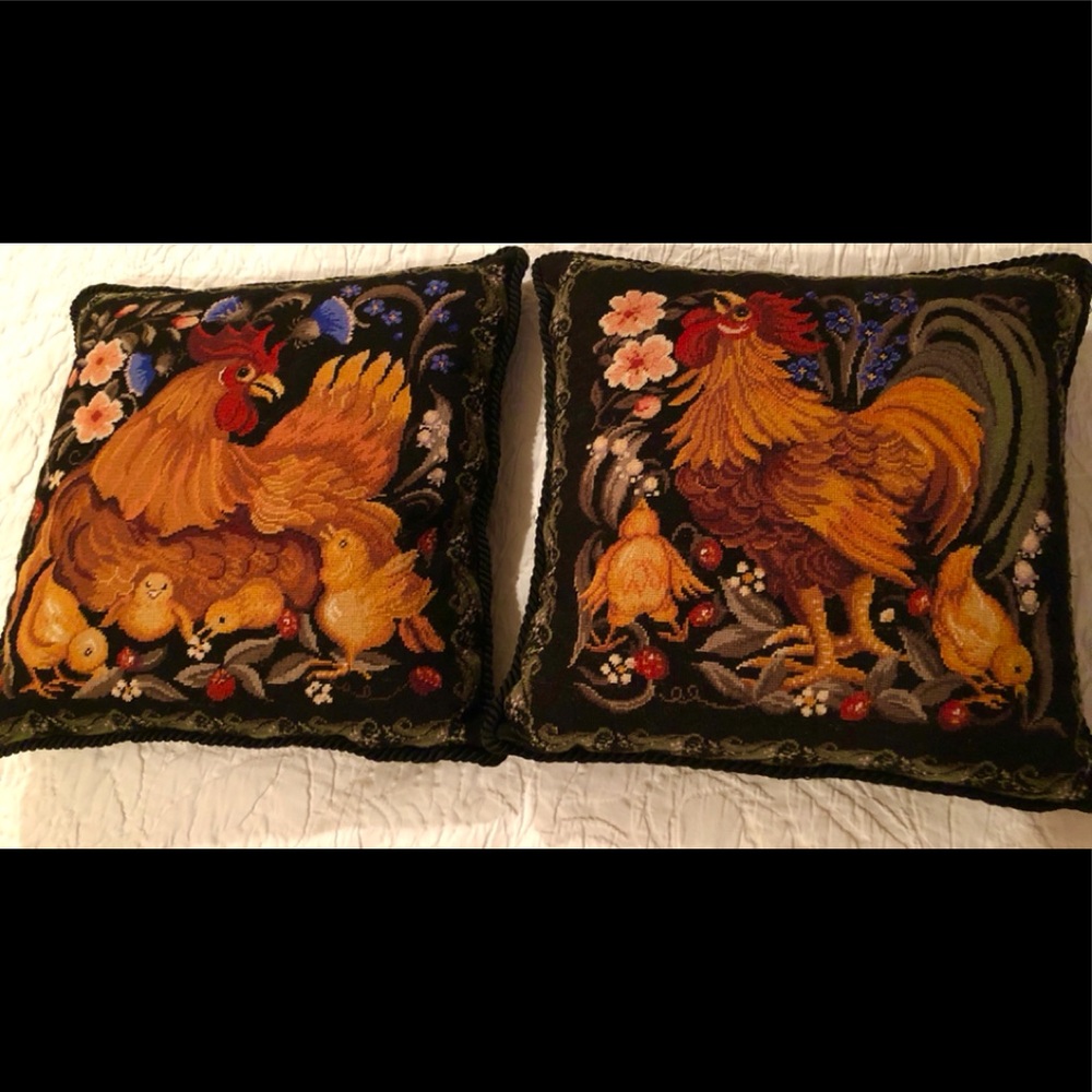 Gorgeous Pair Needlepoint Chicken Pillows